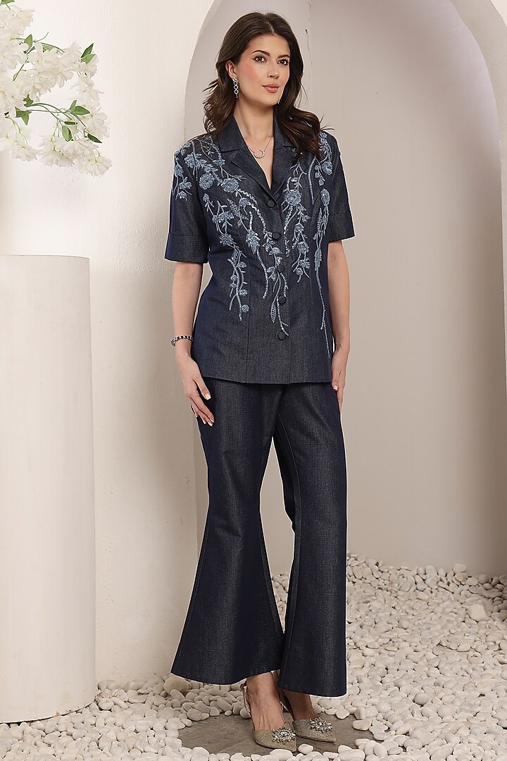 Indigo Denim Thread & Bead Embroidered Co-Ord Set by Saaj By Ankita at Pernia's Pop Up Shop