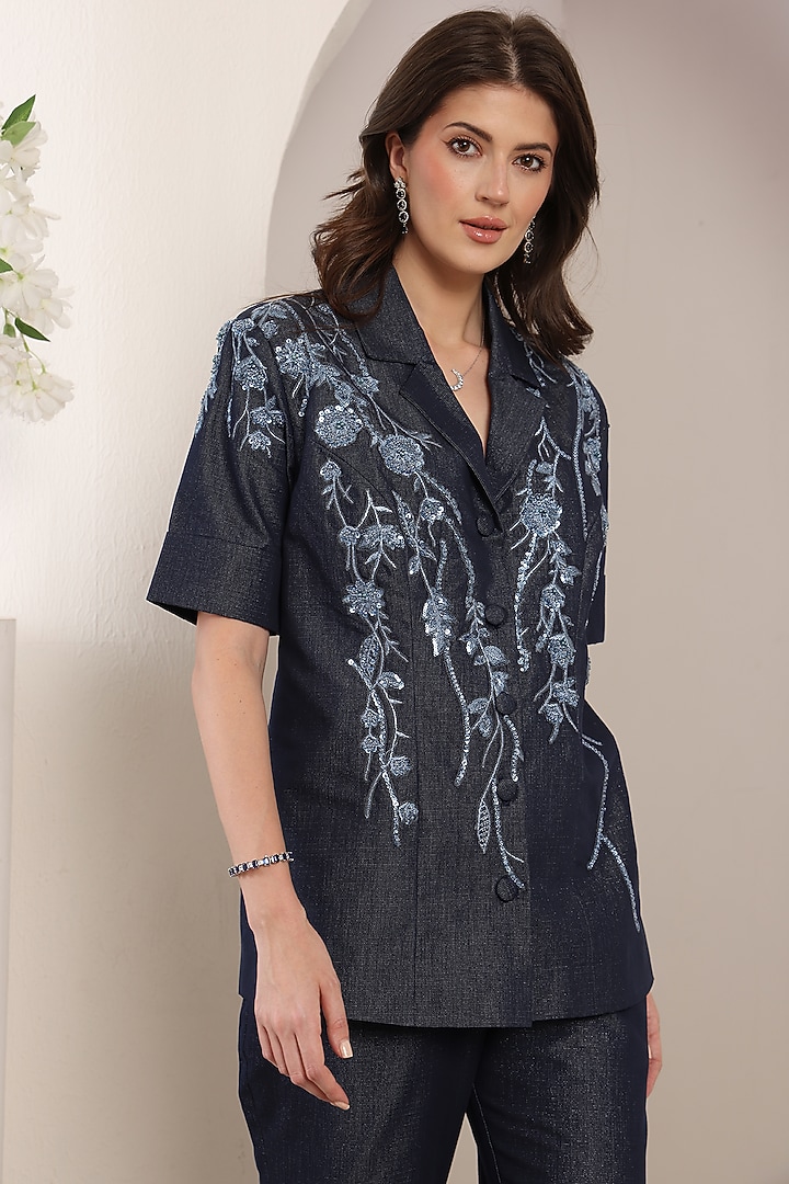 Indigo Denim Thread & Bead Embroidered Co-Ord Set by Saaj By Ankita at Pernia's Pop Up Shop