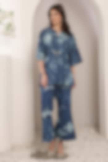 Cobalt Blue Denim Crystal Embroidered Tie-Dyed Co-Ord Set by Saaj By Ankita at Pernia's Pop Up Shop