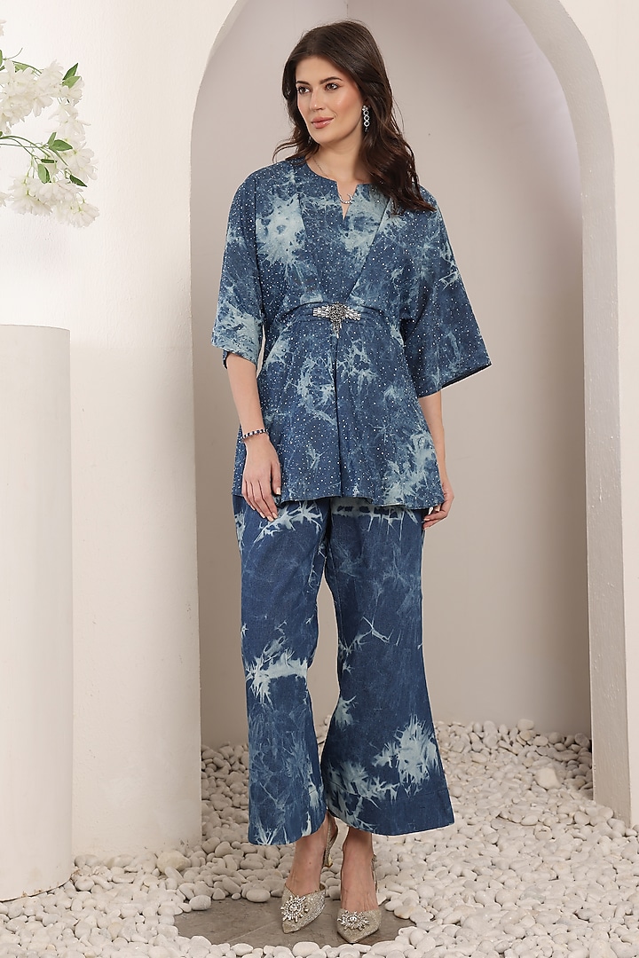 Cobalt Blue Denim Crystal Embroidered Tie-Dyed Co-Ord Set by Saaj By Ankita at Pernia's Pop Up Shop