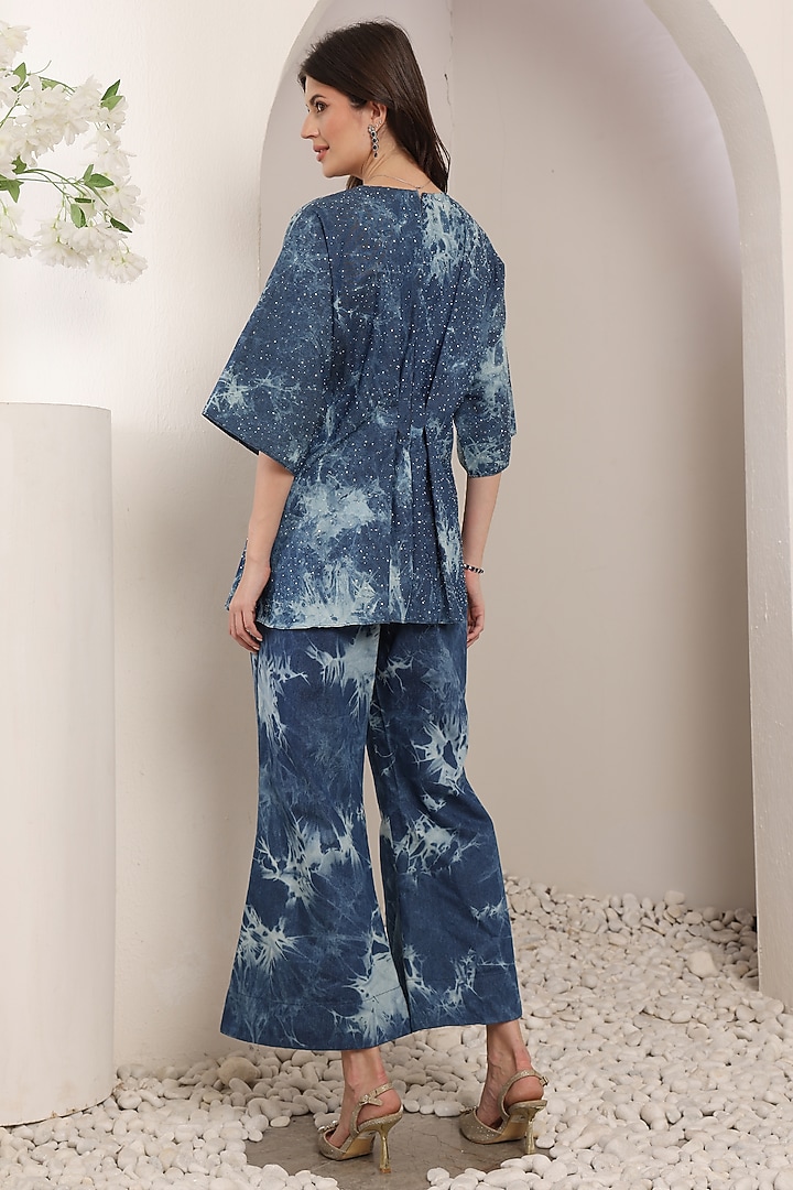 Cobalt Blue Denim Crystal Embroidered Tie-Dyed Co-Ord Set by Saaj By Ankita at Pernia's Pop Up Shop