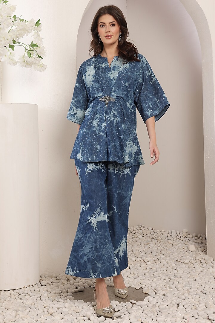 Cobalt Blue Denim Crystal Embroidered Tie-Dyed Co-Ord Set by Saaj By Ankita at Pernia's Pop Up Shop