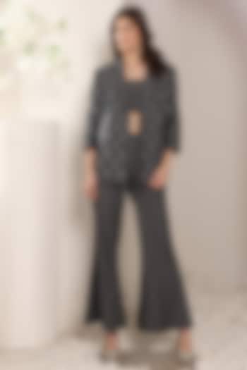 Grey Denim Crystal Embroidered Blazer Set by Saaj By Ankita at Pernia's Pop Up Shop