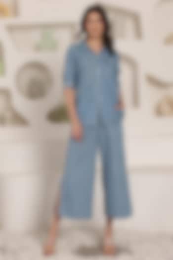 Sky Blue Denim Hand Embroidered Co-Ord Set by Saaj By Ankita at Pernia's Pop Up Shop