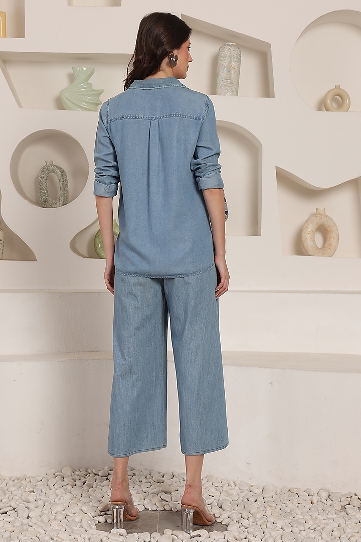 Sky Blue Denim Hand Embroidered Co-Ord Set by Saaj By Ankita at Pernia's Pop Up Shop
