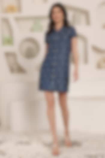 Blue Denim Pearl Hand Embroidered Mini Summer Dress by Saaj By Ankita at Pernia's Pop Up Shop
