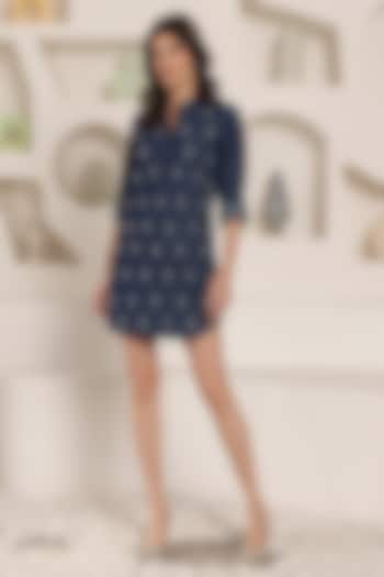 Blue Denim Crystal Hand Embroidered Mini Vacation Shirt Dress by Saaj By Ankita at Pernia's Pop Up Shop