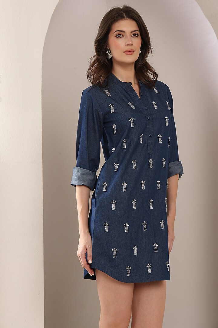 Blue Denim Crystal Hand Embroidered Mini Vacation Shirt Dress by Saaj By Ankita at Pernia's Pop Up Shop