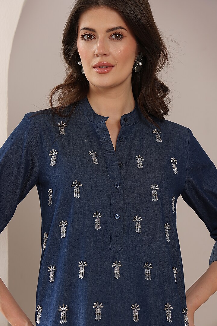 Blue Denim Crystal Hand Embroidered Mini Vacation Shirt Dress by Saaj By Ankita at Pernia's Pop Up Shop