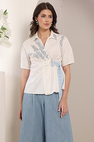White Poplin Cotton 3D Leaf Embroidered Asymmetric Shirt by Saaj By Ankita
