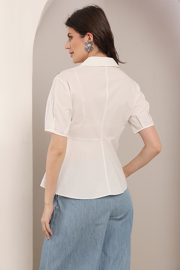 White Poplin Cotton 3D Leaf Embroidered Asymmetric Shirt by Saaj By Ankita at Pernia's Pop Up Shop