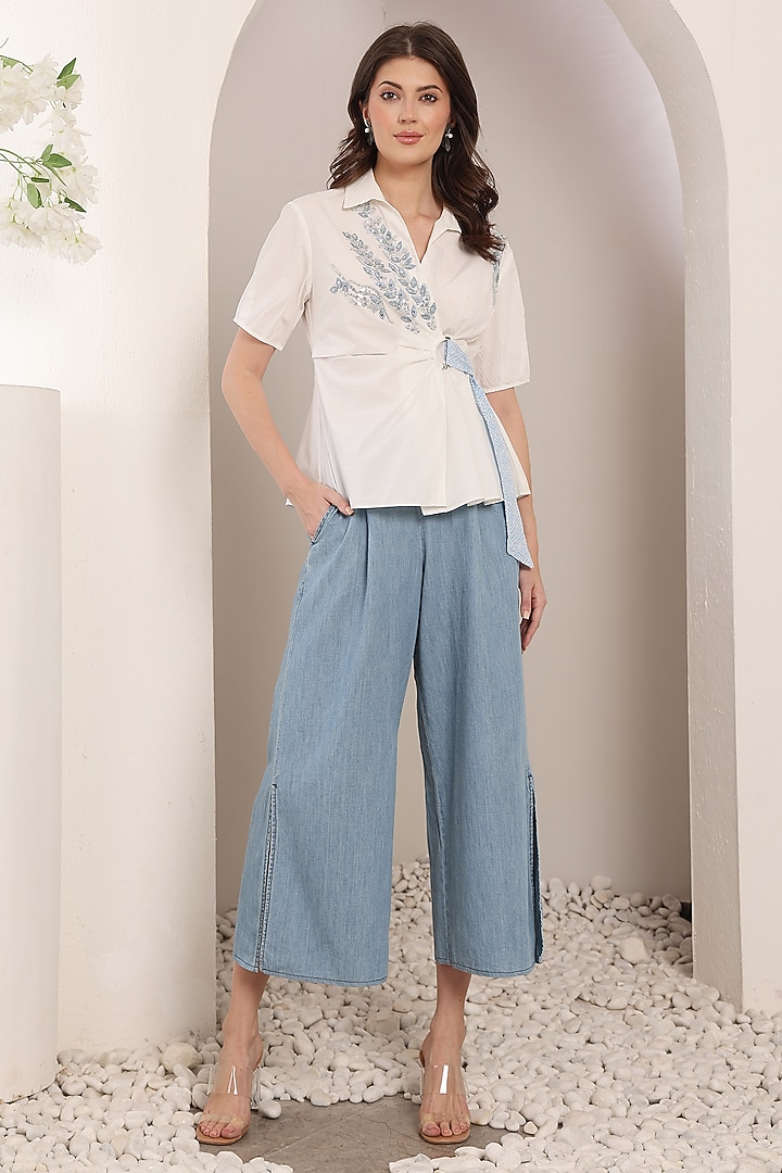 White Poplin Cotton 3D Leaf Embroidered Asymmetric Shirt by Saaj By Ankita at Pernia's Pop Up Shop