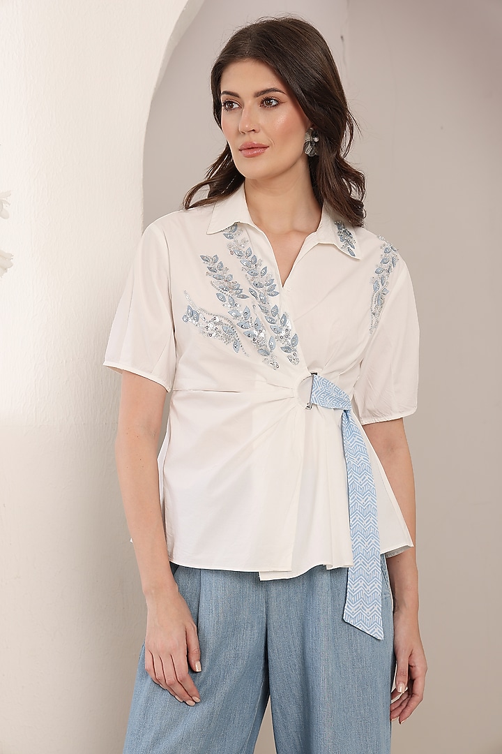 White Poplin Cotton 3D Leaf Embroidered Asymmetric Shirt by Saaj By Ankita at Pernia's Pop Up Shop