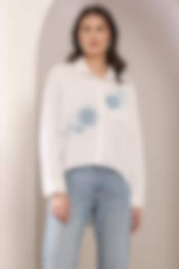 White Poplin Cotton 3D Floral Embroidered Shirt by Saaj By Ankita at Pernia's Pop Up Shop