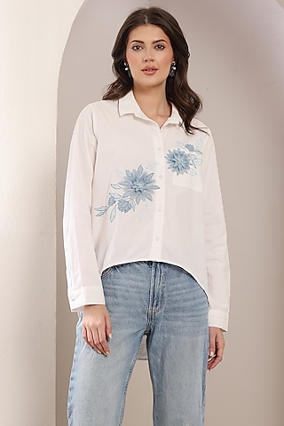 White Poplin Cotton 3D Floral Embroidered Shirt by Saaj By Ankita