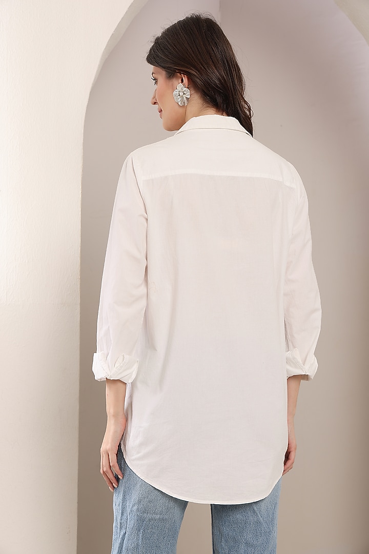 White Poplin Cotton 3D Floral Embroidered Shirt by Saaj By Ankita at Pernia's Pop Up Shop