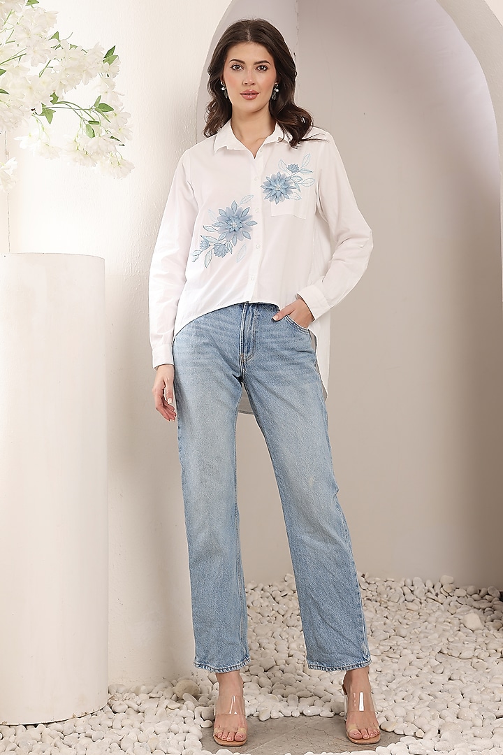 White Poplin Cotton 3D Floral Embroidered Shirt by Saaj By Ankita at Pernia's Pop Up Shop