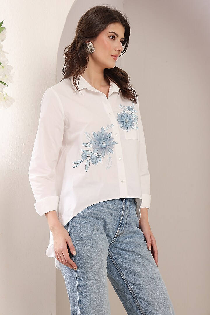 White Poplin Cotton 3D Floral Embroidered Shirt by Saaj By Ankita at Pernia's Pop Up Shop