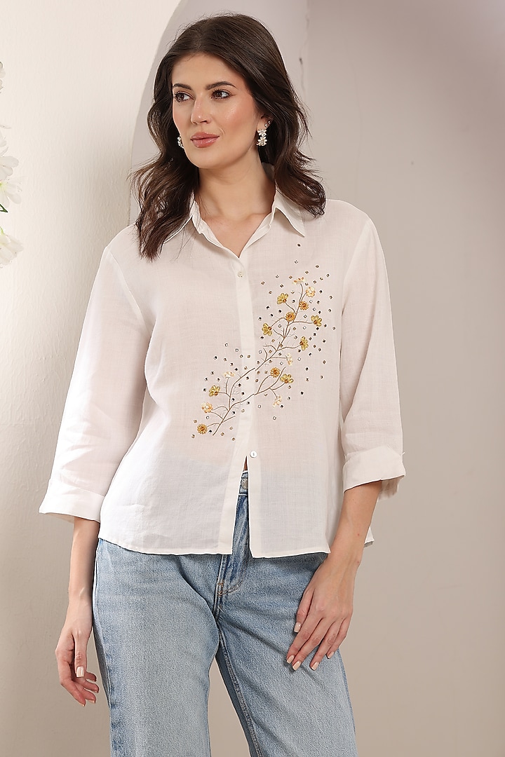 White Linen Thread Embroidered Shirt by Saaj By Ankita at Pernia's Pop Up Shop