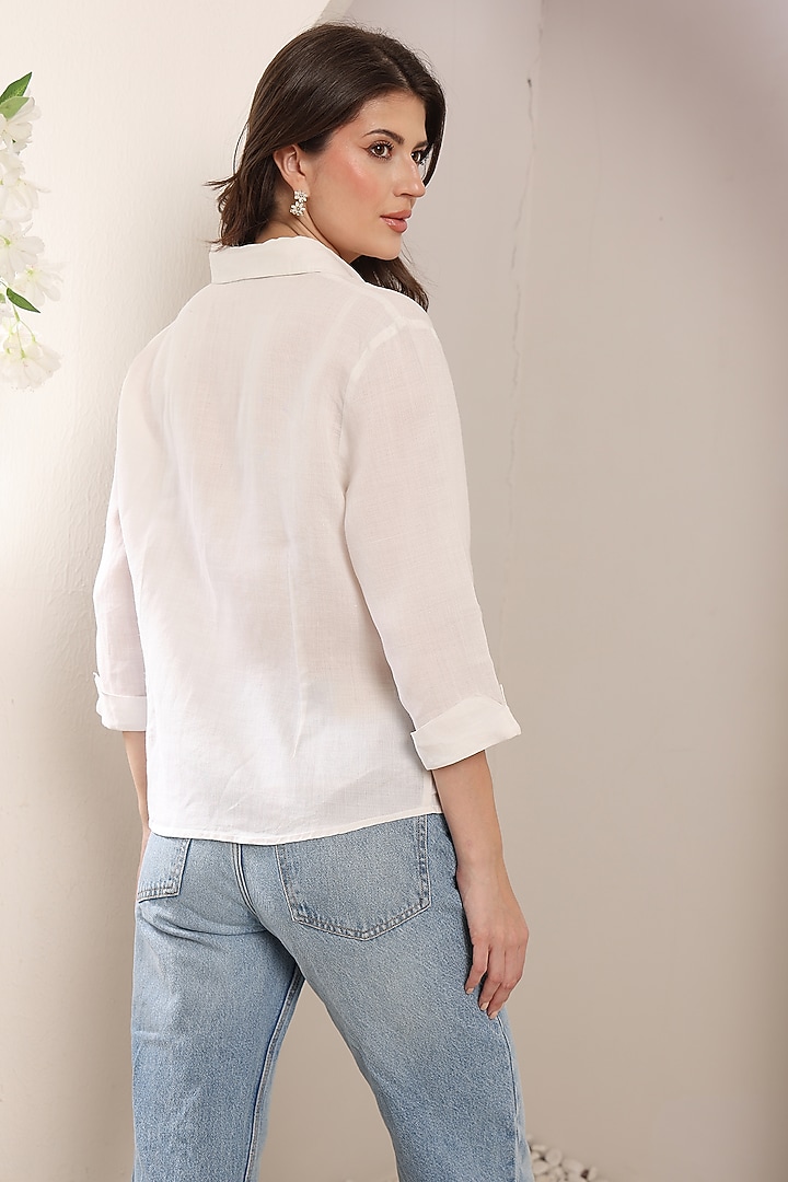 White Linen Thread Embroidered Shirt by Saaj By Ankita at Pernia's Pop Up Shop