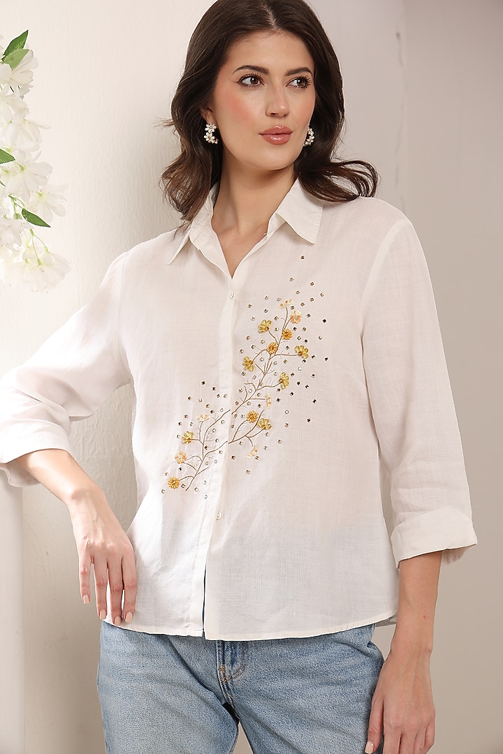 White Linen Thread Embroidered Shirt by Saaj By Ankita at Pernia's Pop Up Shop