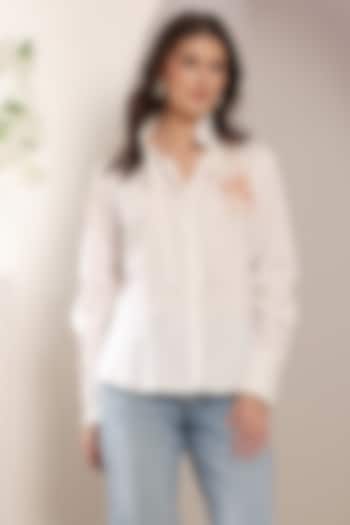 White Cotton 3D Floral & Bead Embroidered Shirt by Saaj By Ankita at Pernia's Pop Up Shop