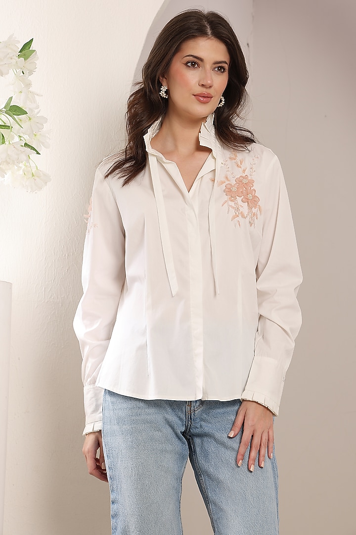 White Cotton 3D Floral & Bead Embroidered Shirt by Saaj By Ankita at Pernia's Pop Up Shop