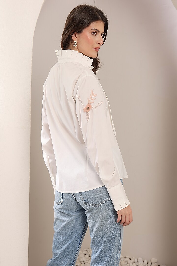 White Cotton 3D Floral & Bead Embroidered Shirt by Saaj By Ankita at Pernia's Pop Up Shop
