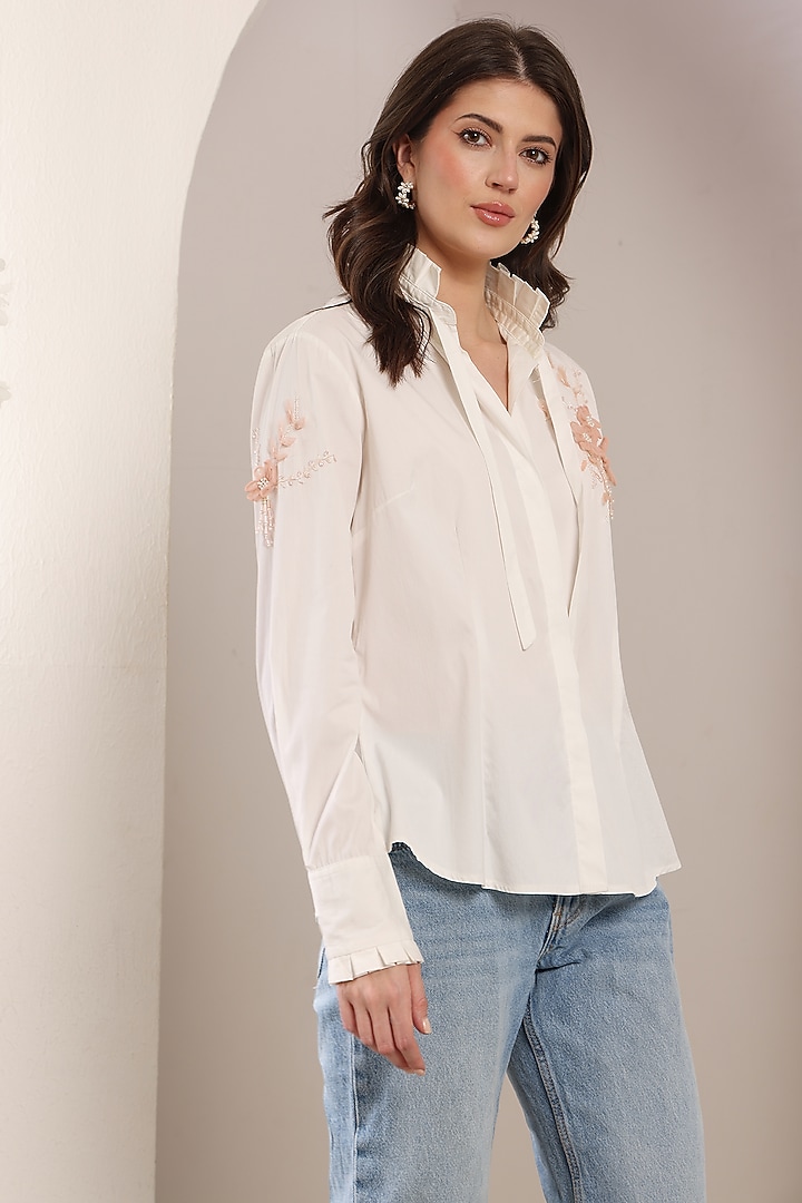 White Cotton 3D Floral & Bead Embroidered Shirt by Saaj By Ankita at Pernia's Pop Up Shop
