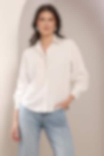 White Linen Crystal & Bead Embroidered Shirt by Saaj By Ankita at Pernia's Pop Up Shop