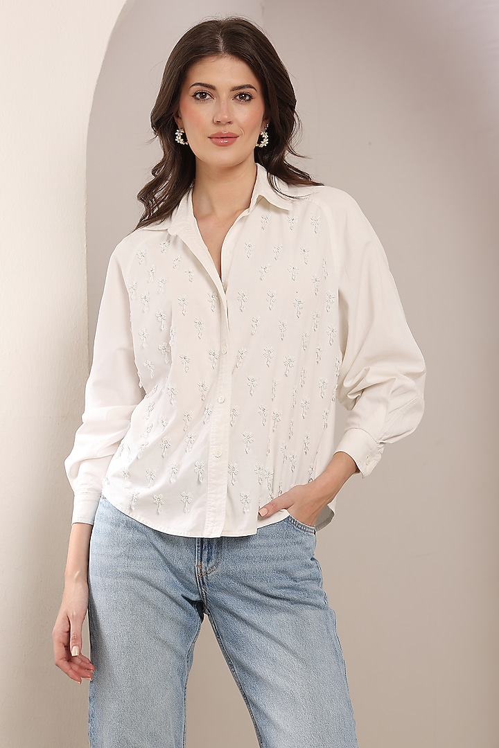 White Linen Crystal & Bead Embroidered Shirt by Saaj By Ankita at Pernia's Pop Up Shop