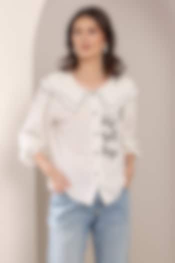 White Cotton Pearl Hand Embroidered Shirt by Saaj By Ankita at Pernia's Pop Up Shop