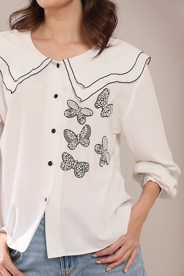 White Cotton Pearl Hand Embroidered Shirt by Saaj By Ankita at Pernia's Pop Up Shop