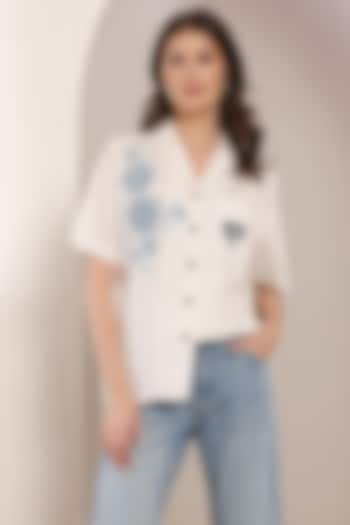 White Cotton Floral Hand Embroidered Shirt by Saaj By Ankita at Pernia's Pop Up Shop