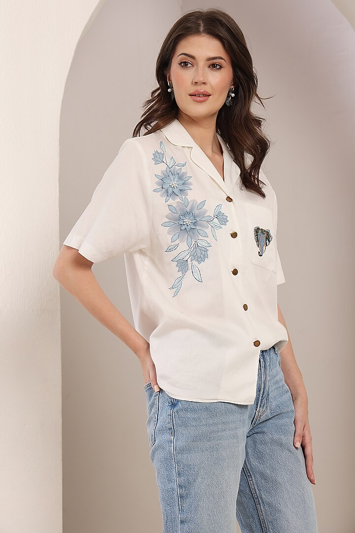 White Cotton Floral Hand Embroidered Shirt by Saaj By Ankita at Pernia's Pop Up Shop