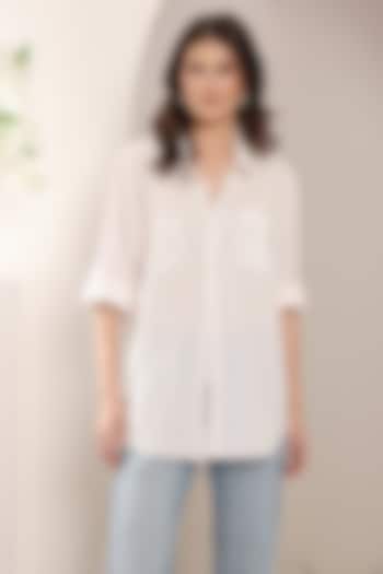 White Pure Linen Pearl Embroidered Shirt by Saaj By Ankita at Pernia's Pop Up Shop