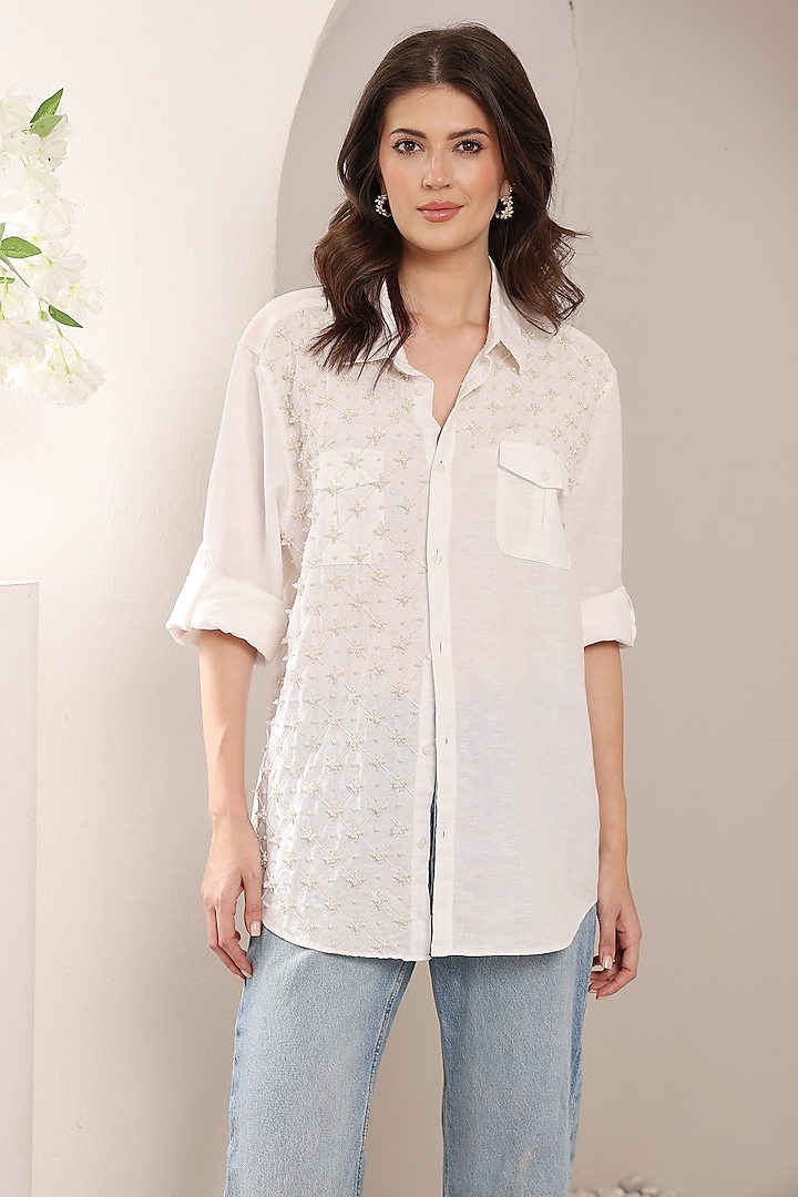 White Pure Linen Pearl Embroidered Shirt by Saaj By Ankita at Pernia's Pop Up Shop