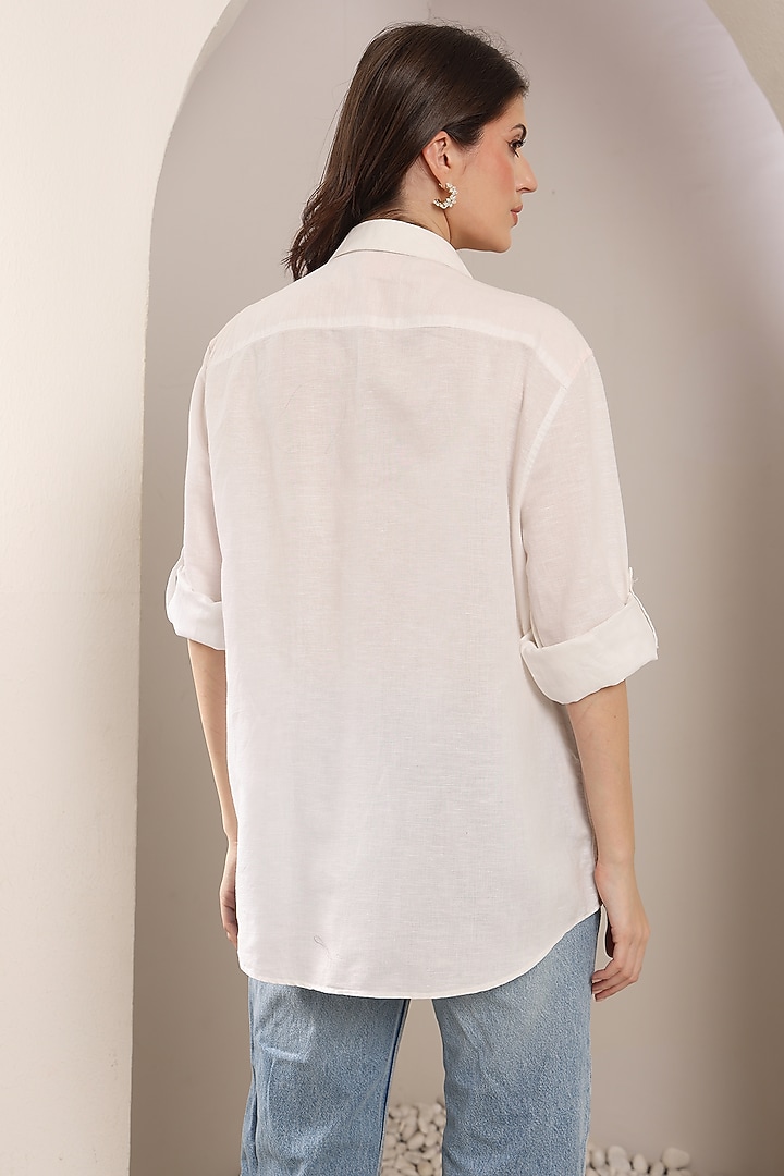 White Pure Linen Pearl Embroidered Shirt by Saaj By Ankita at Pernia's Pop Up Shop