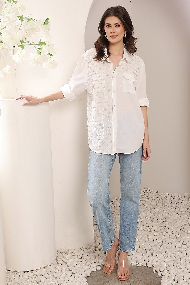White Pure Linen Pearl Embroidered Shirt by Saaj By Ankita at Pernia's Pop Up Shop