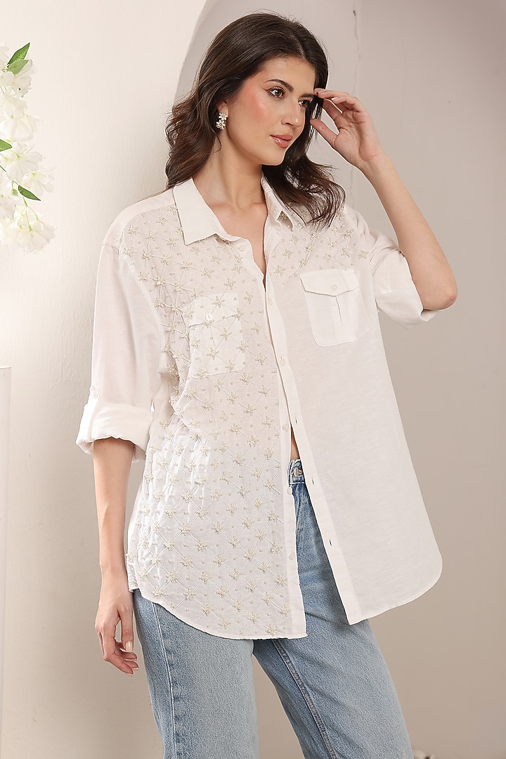 White Pure Linen Pearl Embroidered Shirt by Saaj By Ankita at Pernia's Pop Up Shop