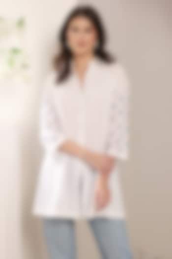 White Cotton Crystal Embroidered Shirt by Saaj By Ankita at Pernia's Pop Up Shop