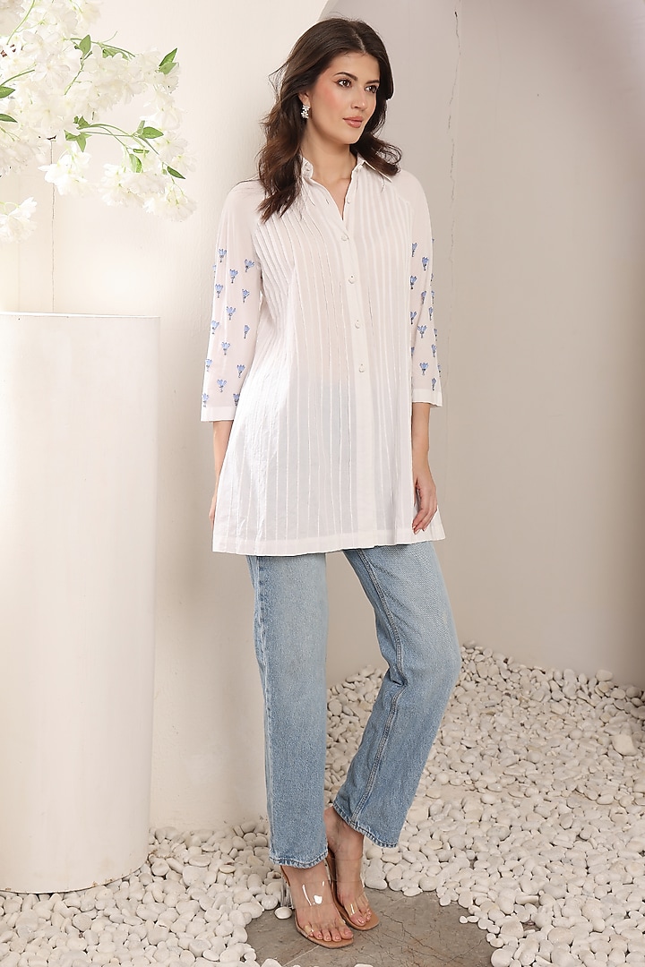 White Cotton Crystal Embroidered Shirt by Saaj By Ankita at Pernia's Pop Up Shop