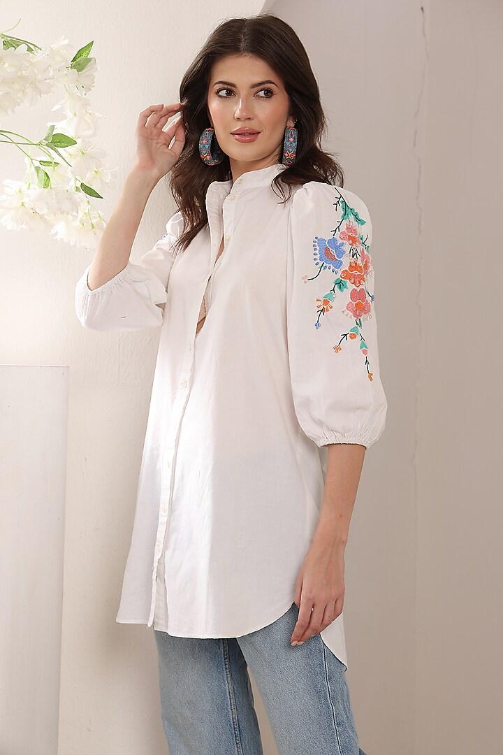 White Poplin Thread & Crystal Embroidered Oversized Shirt by Saaj By Ankita at Pernia's Pop Up Shop