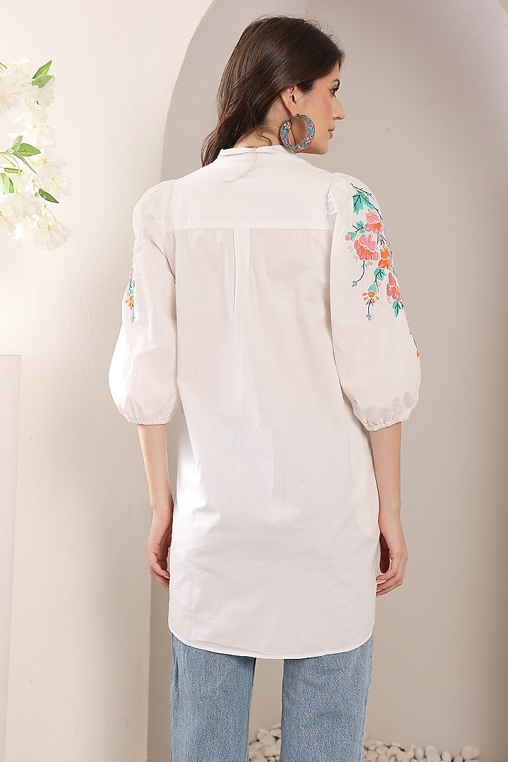 White Poplin Thread & Crystal Embroidered Oversized Shirt by Saaj By Ankita at Pernia's Pop Up Shop