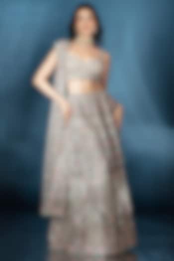 Silver Tulle Floral & Cutdana Hand Embroidered Bridal Lehenga Set by Saaj By Ankita at Pernia's Pop Up Shop