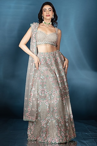 Silver Tulle Floral & Cutdana Hand Embroidered Lehenga Set by Saaj By Ankita