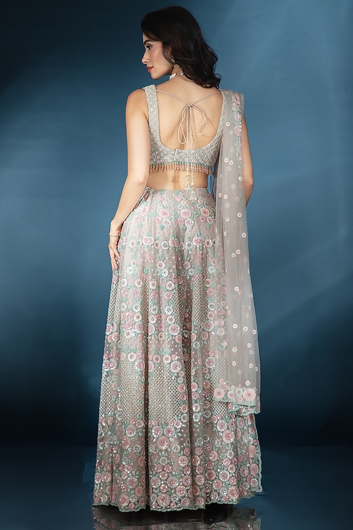 Silver Tulle Floral & Cutdana Hand Embroidered Bridal Lehenga Set by Saaj By Ankita at Pernia's Pop Up Shop