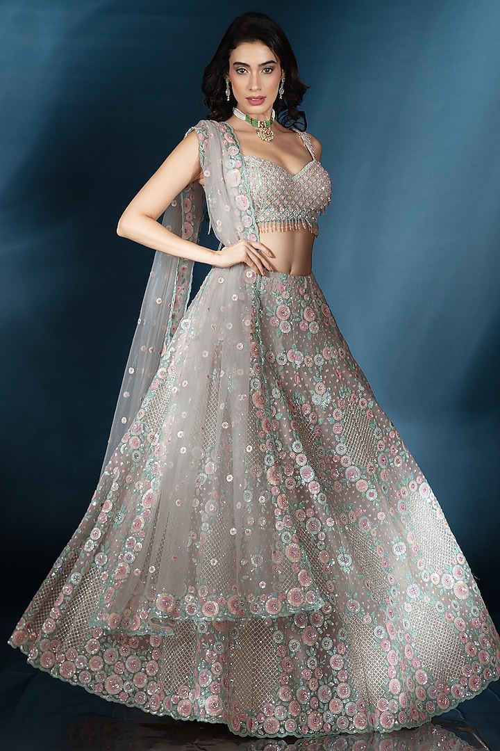 Silver Tulle Floral & Cutdana Hand Embroidered Bridal Lehenga Set by Saaj By Ankita at Pernia's Pop Up Shop