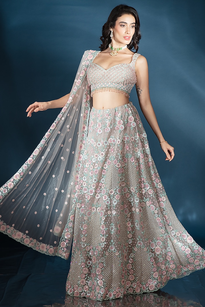 Silver Tulle Floral & Cutdana Hand Embroidered Bridal Lehenga Set by Saaj By Ankita at Pernia's Pop Up Shop