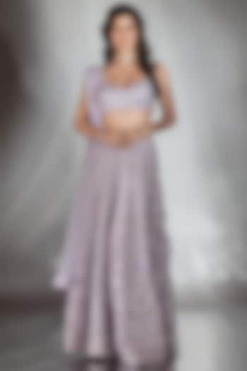 Lilac Tulle Mirror & Crystal Embroidered Bridal Lehenga Set by Saaj By Ankita at Pernia's Pop Up Shop